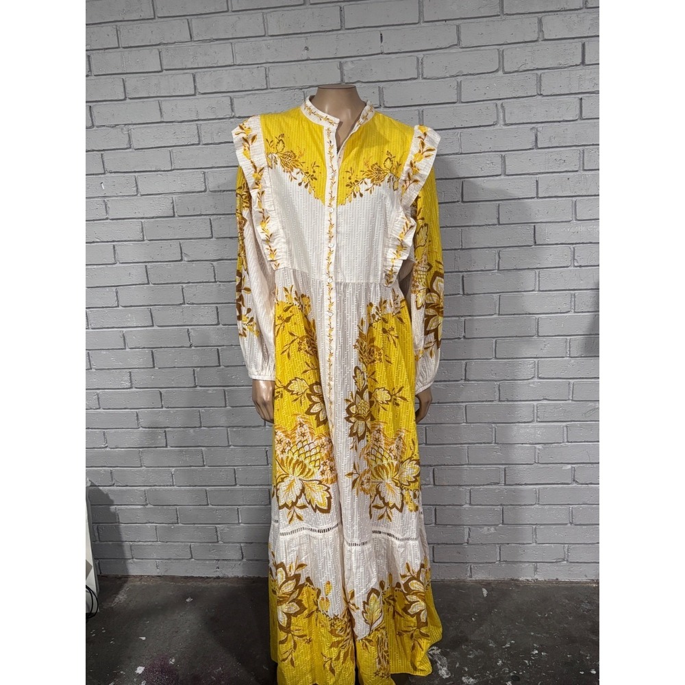 Farm Rio Aura Floral Maxi Dress Yellow Cream Ruffle Button Front Boho NWT XL - Picture 8 of 16